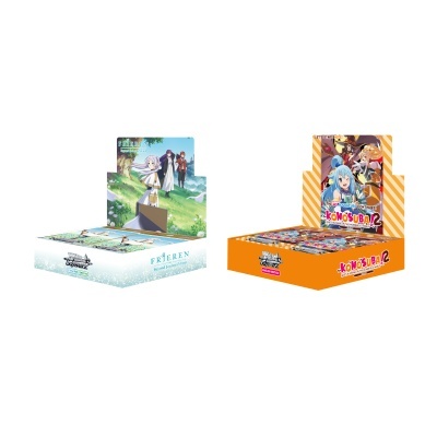 Duas caixas de cartas colecionáveis de anime Frieren Beyond Journeys End e Konosuba com fundos e personagens animados distintos.