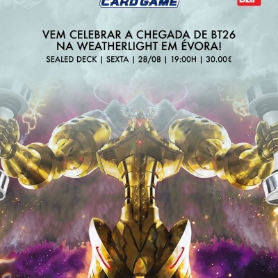 Promoção jogo de cartas Digimon com robô dourado e texto em português sobre evento em Évora.