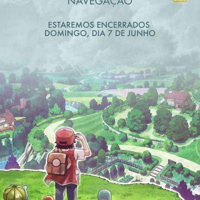 Personagem e três criaturas pequenas de costas observando paisagem rural verde