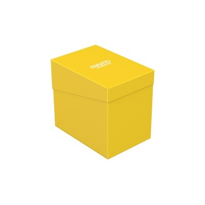 Caixa amarela quadrada com texto branco na tampa sobre fundo branco