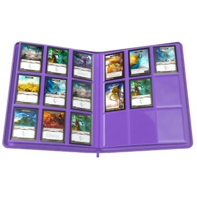 Portfólio roxo aberto com cartas coloridas de jogo de tabuleiro