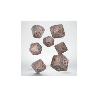 Conjunto de dados translúcidos cinzentos para RPG com números em cor cobre