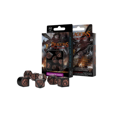 Conjunto de dados RPG pretos com números vermelhos e caixa com dragão ilustrado