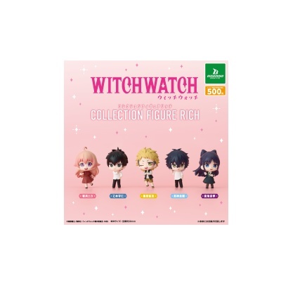 Figuras colecionáveis WITCHWATCH em fundo rosa com texto e logo Bushiroad