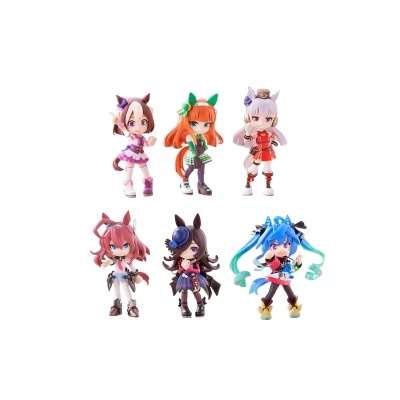 Seis figuras de bonecos anime coloridos com orelhas de animal sobre fundo branco