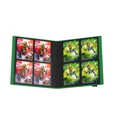 Álbum aberto com cartas colecionáveis coloridas, capa verde