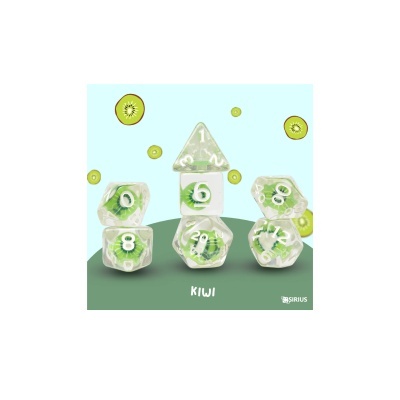 Conjunto de dados translúcidos com pedaços de kiwi embutidos e fundo com fatias de kiwi.