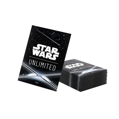 Pacote de cartas do jogo Star Wars Unlimited com design preto e branco, em pilhas.