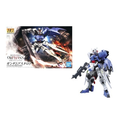 Caixa e modelo do robot Gundam Astaroth azul, branco e cinza com arma preta