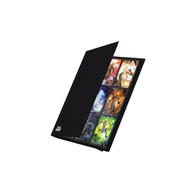 Álbum de cartas preto aberto a mostrar cartas coloridas com ilustrações