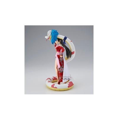 Figura colecionável feminina com vestido vermelho e máscara de dragão