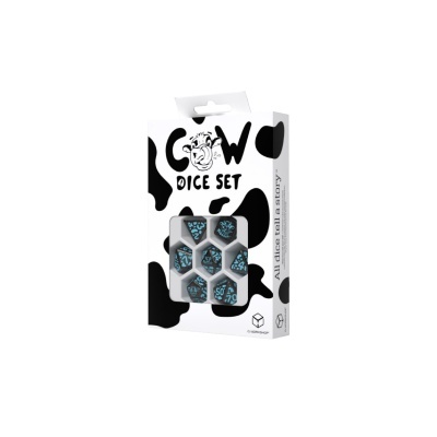 Conjunto de dados COW DICE SET em caixa branca com manchas pretas.