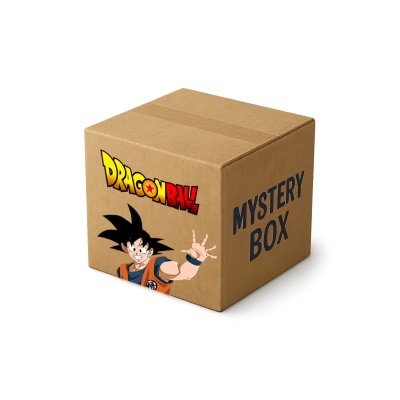 Caixa de cartão castanha com personagem Goku e palavras Dragon Ball e Mystery Box