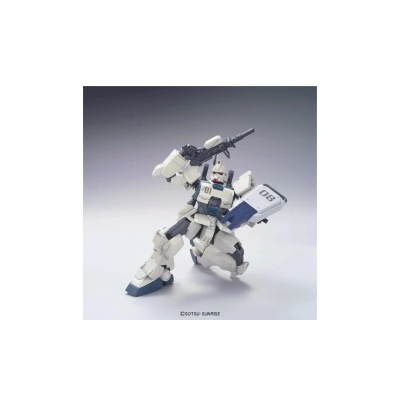 Figura articulada de robô branco e cinzento com arma e escudo