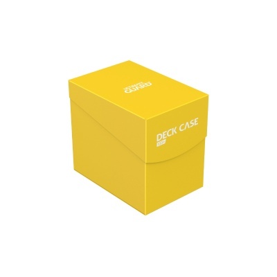 Caixa amarela de cartão com texto branco DECK CASE 100