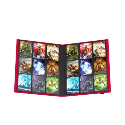 Pasta vermelha aberta com 20 cards coloridos de fantasia