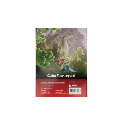 Capa traseira de livro com ilustração de dragões e texto promocional