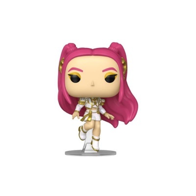 Figura Funko Pop com cabelo rosa e roupa branca e dourada