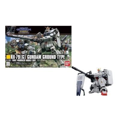 Kit de montagem Gundam RX-79[G] Gundam Ground Type da Bandai e modelo montado. 