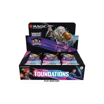 Expositor de boosters do jogo Magic: The Gathering Foundations com personagens de fantasia.