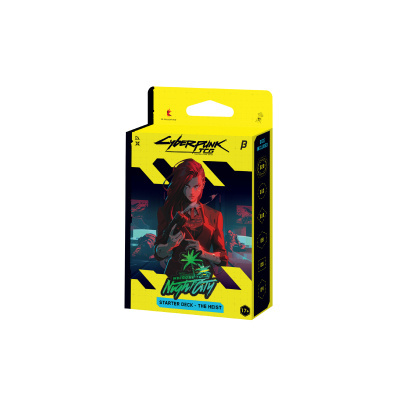 Embalagem amarela e preta com ilustração e texto do jogo Cyberpunk TCG