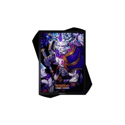 Poster do jogo League of Legends com personagem Draven em cores roxo, dourado e branco.