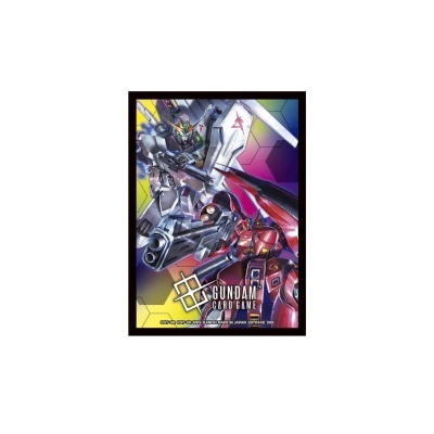 Ilustração de robôs mecha coloridos em fundo hexagonal com texto GUNDAM CARD GAME.