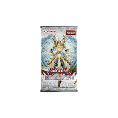 Pacote de cartas Yu-Gi-Oh! LIGHT OF DESTRUCTION com figura angelical e texto KONAMI