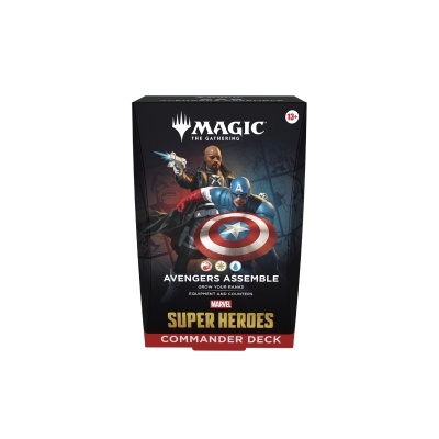 Caixa preta de jogo Magic The Gathering com ilustrações de super-heróis Avengers