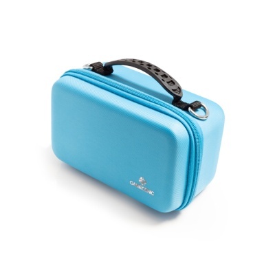 Mala rígida azul clara com alça preta e fecho de correr