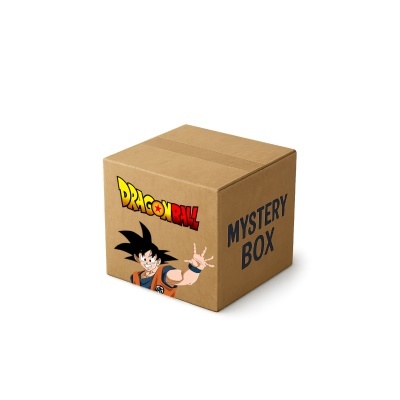 Caixa de cartão castanha com texto DRAGON BALL e MYSTERY BOX com personagem Goku