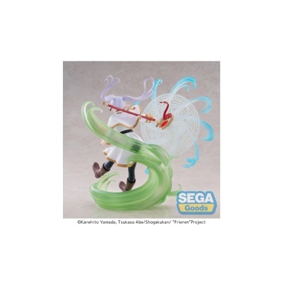 Figura de personagem de anime com capa branca, cajado vermelho e efeitos de magia em verde e azul.