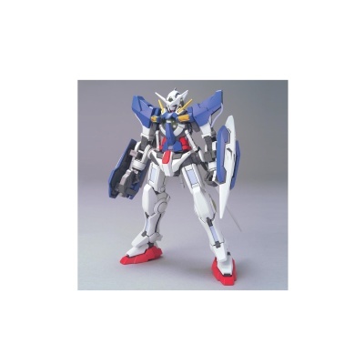 Figura de ação robô tipo Gundam azul, branco, vermelho e amarelo em fundo cinza