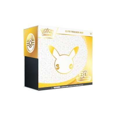 Caixa Elite Trainer Box do Pokémon com design dourado e branco e logo de 30 anos