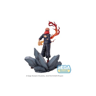 Figura de ação de personagem anime com efeito de chamas e base de pedras
