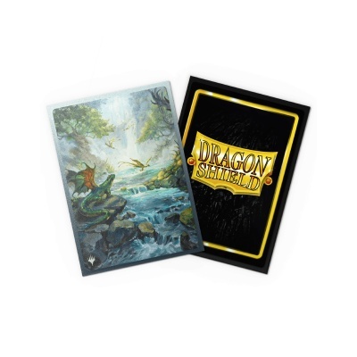 Conjuntos de sleeves para cartas com imagem de dragões e sleeves DRAGON SHIELD preto e amarelo.