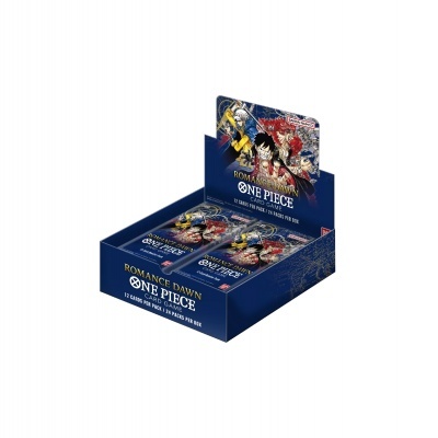 Caixas de cartas de jogo Romance Dawn One Piece dentro de expositor azul.