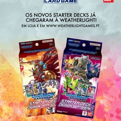 Promoção de Starter Decks Digimon Card Game com caixas vermelha e roxa, texto em português e logótipos Digimon e Bandai.