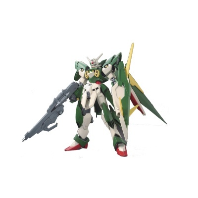 Figura robótica mecha verde, branco e vermelho com arma cinzenta e asas