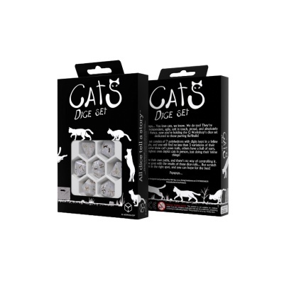 Caixa preta com o conjunto de dados CatS Dice Set e silhuetas de gatos brancos.