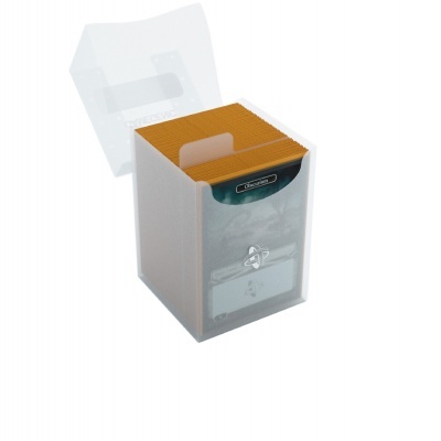 Estante de fichas branca translúcida com fichas laranjas e tampa transparente aberta