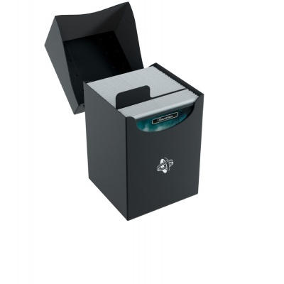 Caixa preta retangular com folhas brancas e etiquetas pretas