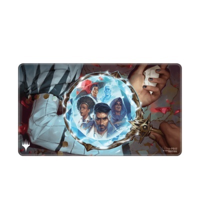 Tapete de jogo com personagens dentro de esfera azul e arma dourada no fundo com mãos e sangue