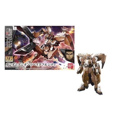 Caixa e figura de modelo Gundam Gusion Rebake Full City em cores castanhas e brancas