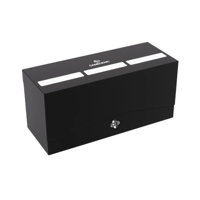 Caixa preta rectangular com faixas brancas e fecho prateado