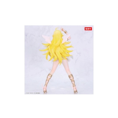 Figura colecionável com cabelo amarelo, asas brancas e detalhes dourados