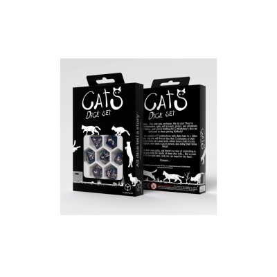 Conjunto de dados Cats Dice Set com embalagem preta e dados azul escuro com ilustrações de gatos.