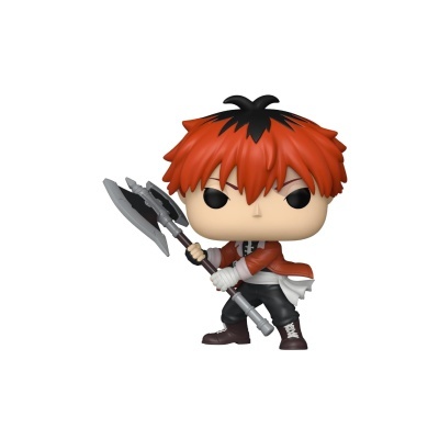 Figura Funko Pop com cabelo laranja e preto, roupa vermelha, branca e preta, segurando arma com lâminas prateadas