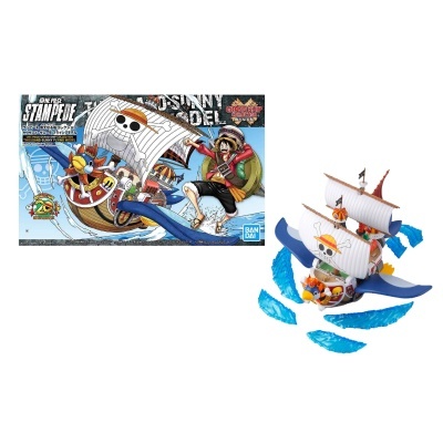 Modelo de kit de montar do navio Thousand Sunny da série One Piece com vela branca e asas azuis
