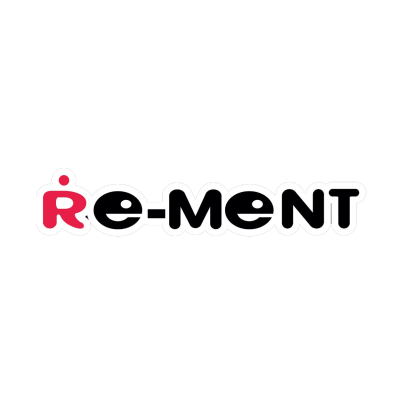 Logotipo branco com texto Re-MENT em vermelho e preto